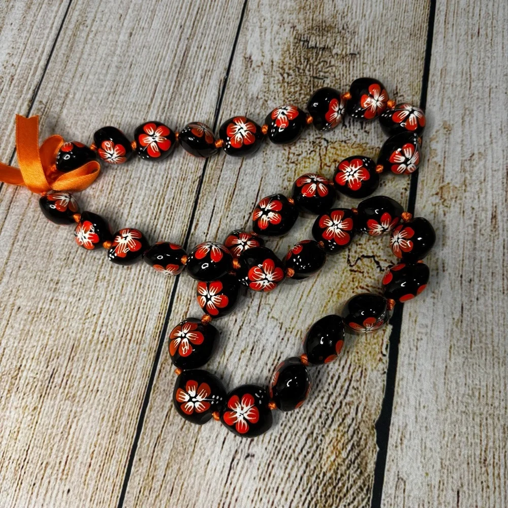 Orange Hibiscus Kukui Nut Lei Necklace NWOT
